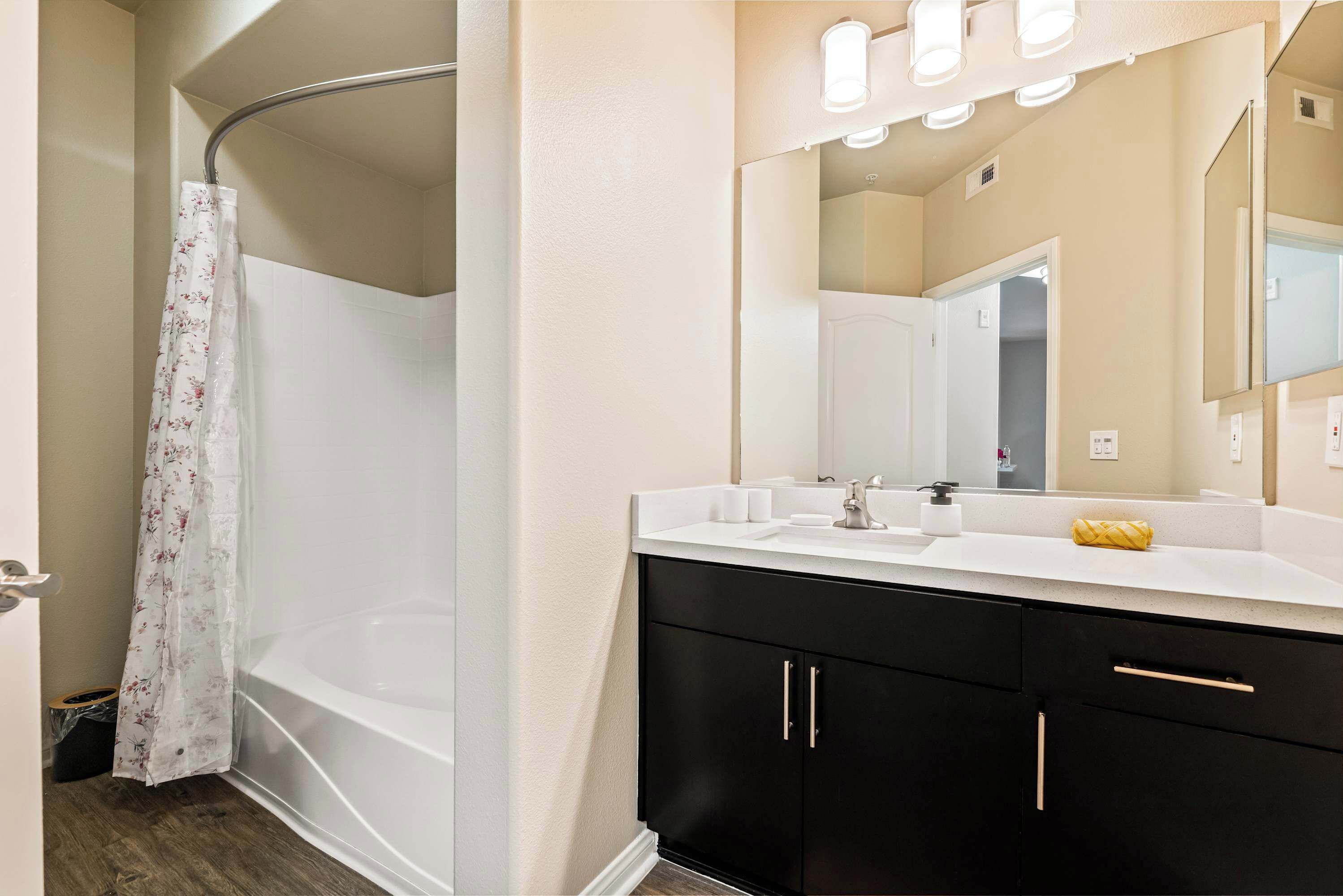 Shower, hair dryer, shampoo