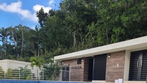 A swimming pool with a wooden building labeled 'AVISTA' in the background.