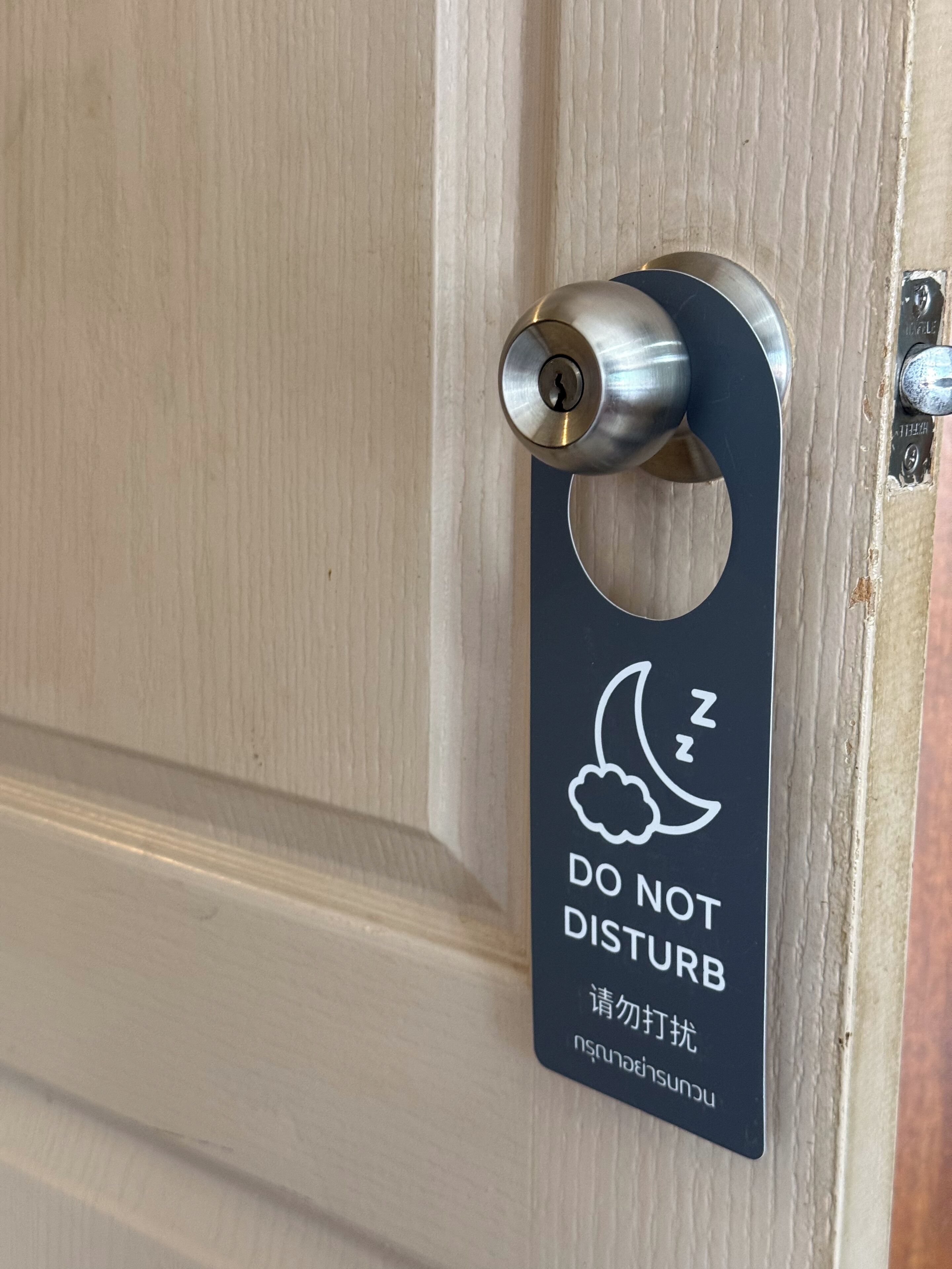 Eine Tür mit Schlüsselloch und einem Schild mit der Aufschrift 'DO NOT DISTURB', ergänzt durch ein Mond- und Wolken-Symbol.