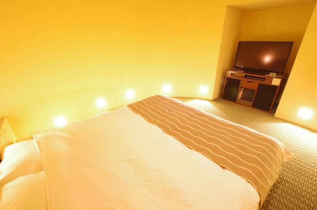 Habitación de hotel con cama, televisión de pantalla plana y un escritorio pequeño con computadora.