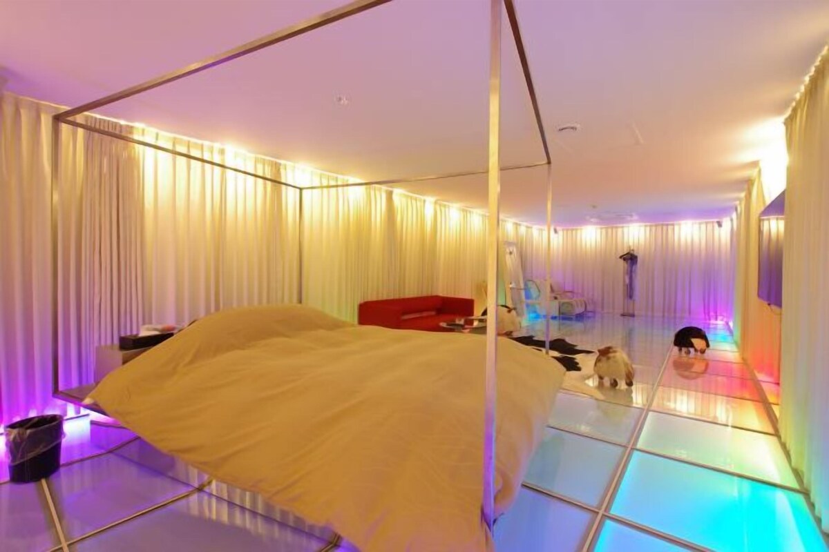 A room with a bed, a red chair, a small table, and a dog.