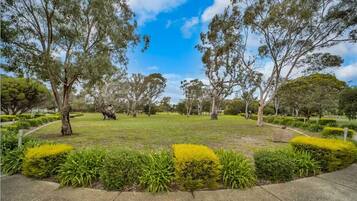 A park with a grassy area, trees, and a clear sky.