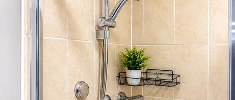 A shower enclosure with a handheld showerhead, a wall-mounted faucet, and a small shelf with a plant.