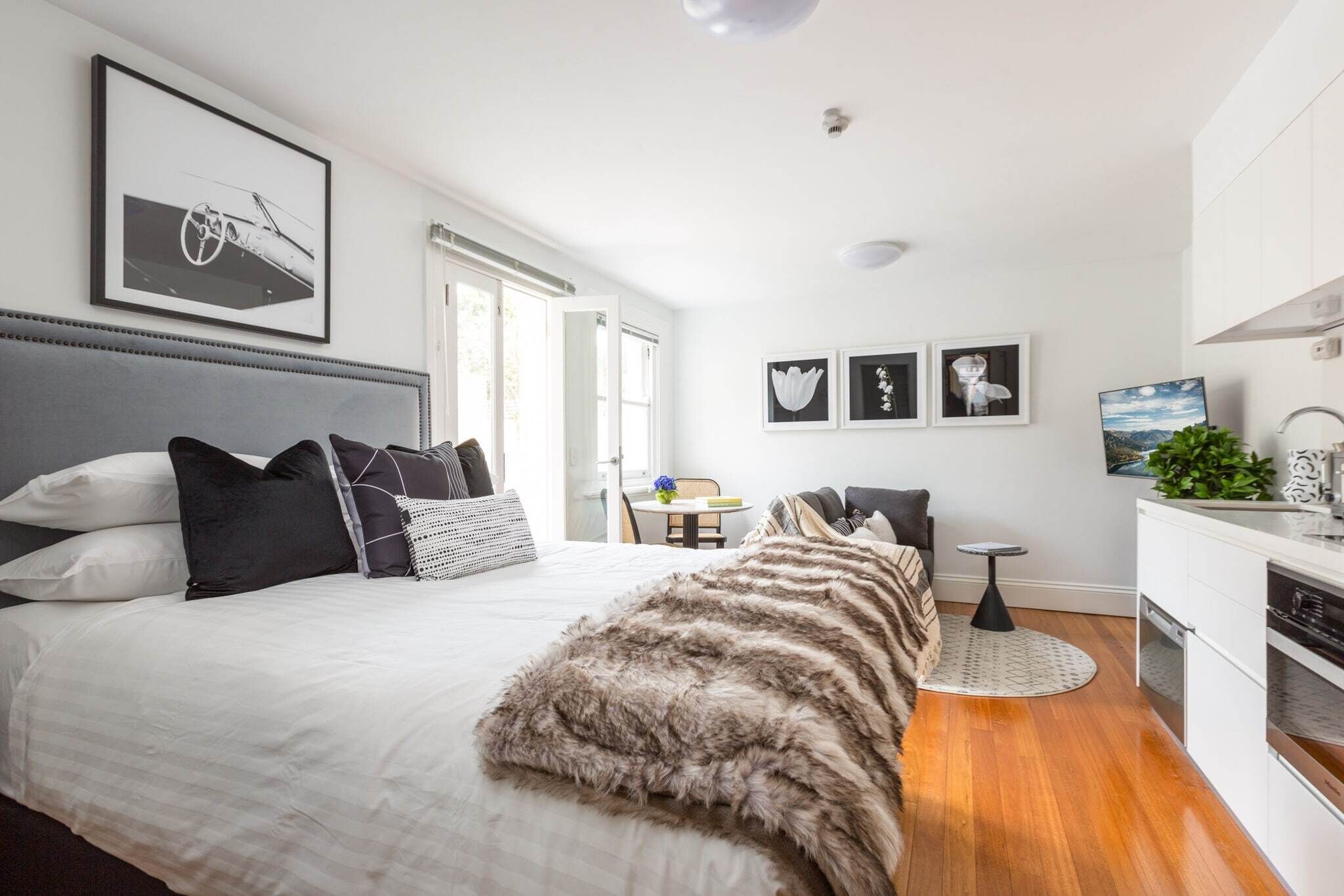 1 bedroom, desk, iron/ironing board, bed sheets