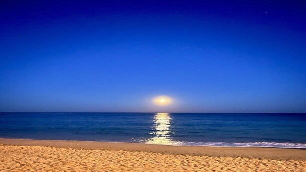 A beach with a clear sky and a visible moon reflection on the water.