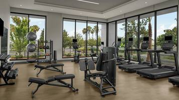 A modern gym with various exercise equipment, large windows, and a view of palm trees.
