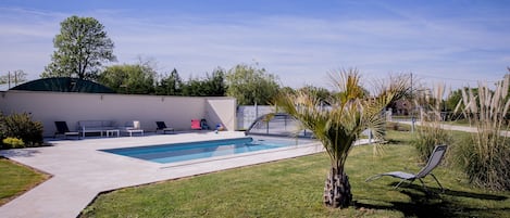 A backyard with a swimming pool, lounge chairs, and a palm tree.