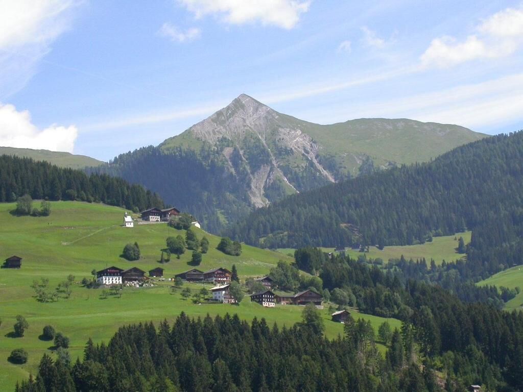 A mountainous landscape with a prominent peak, scattered houses, and dense forested areas.