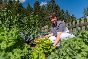 Una persona agachada en un jardín con plantas frondosas y una valla de madera al fondo.