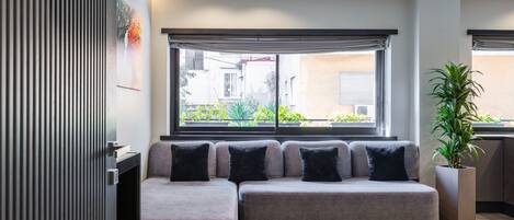 A modern living room with a sectional sofa, a potted plant, and a large window with blinds.