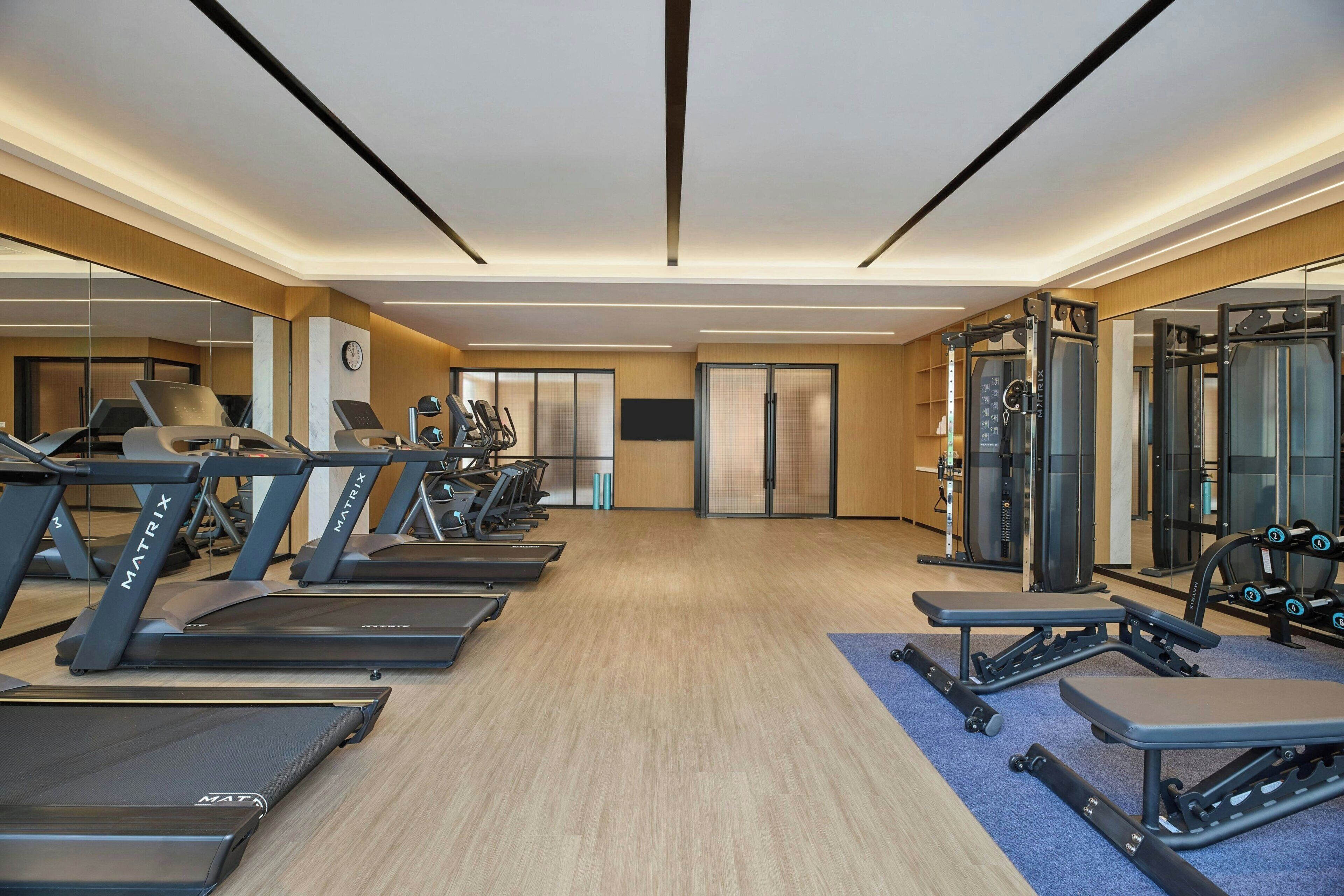 A gym with treadmills, weight machines, and a mirrored wall.