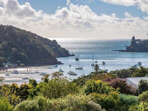A coastal view with boats, greenery, and a clear sky.