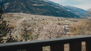 Et bjergrigt landskab med en dal, huse og blomstrende træer.