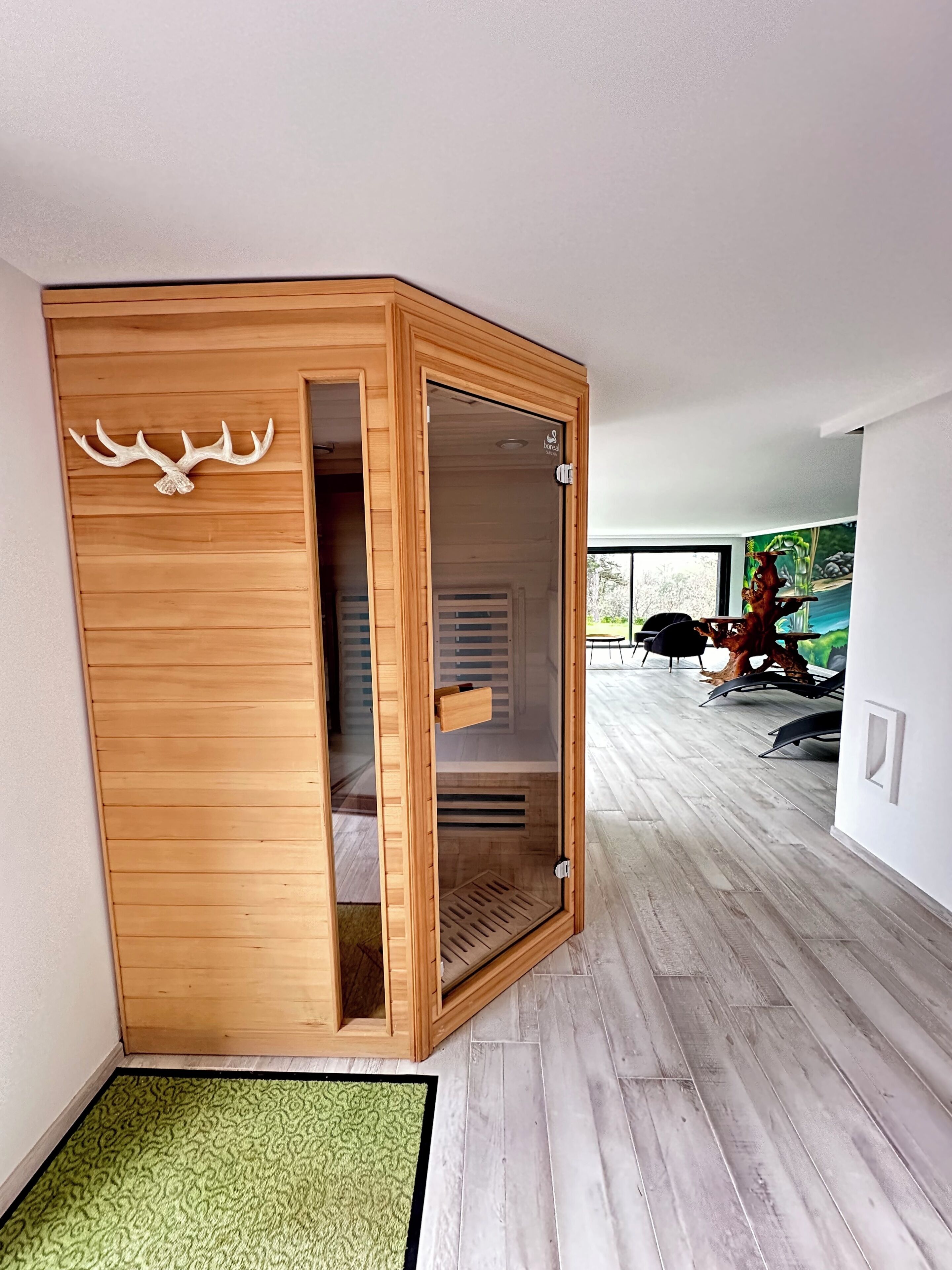 A modern room with a wooden wardrobe, a green textured rug, and a view of outdoor furniture.