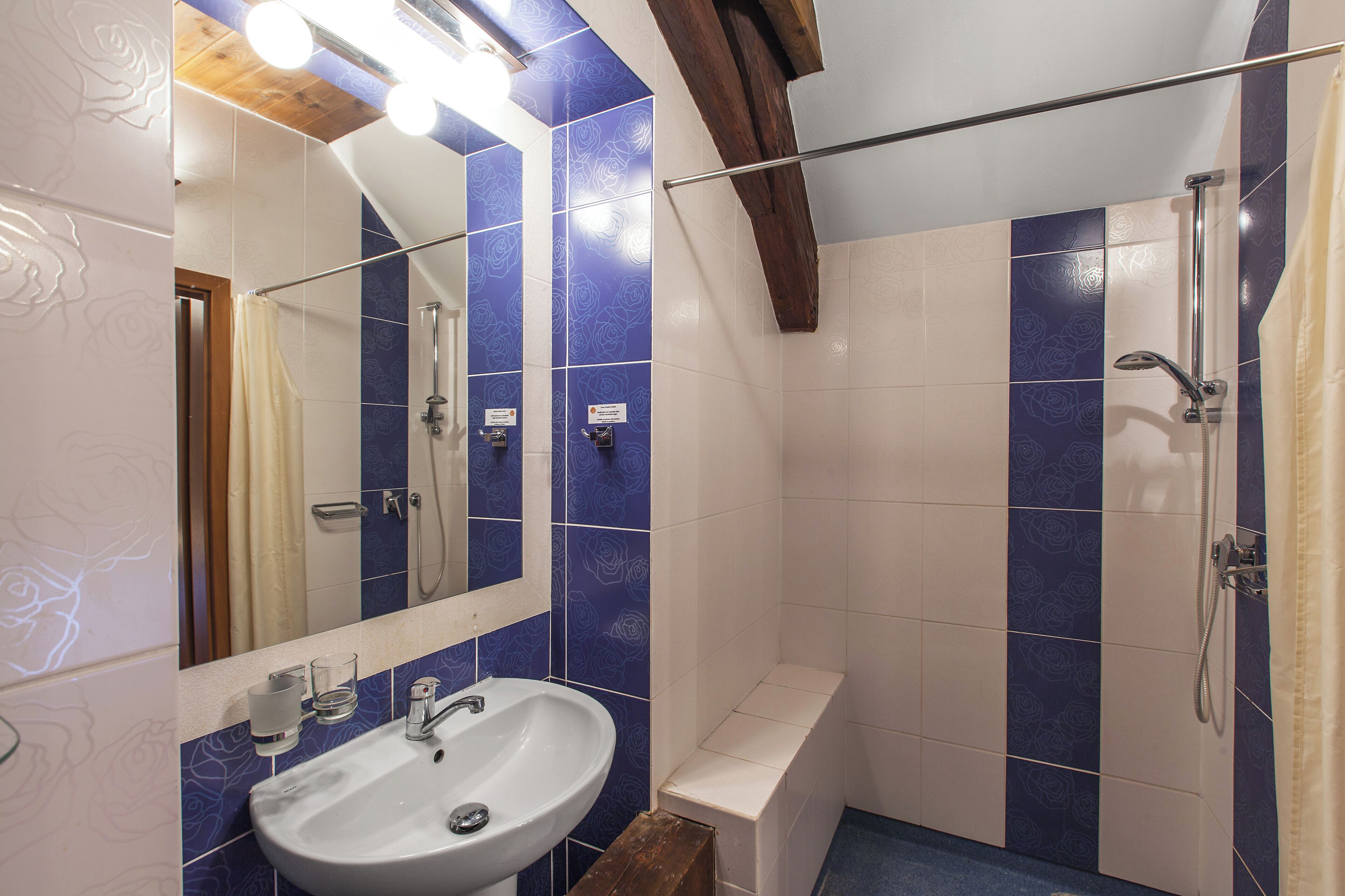 Baño con lavamanos, espejo, ducha y azulejos azules con diseño.