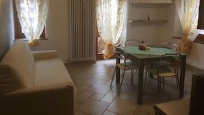 A living room with a sofa, a dining table with chairs, a radiator, and curtains. - Apartment 'Nina' with Shared Terrace and Wi-Fi (Santo Stefano di Cadore)