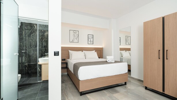 Una habitación de hotel moderna con una cama grande, un armario de madera, un baño con cabina de ducha de vidrio y obras de arte en las paredes.