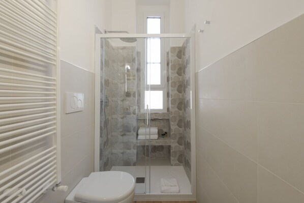 Een badkamer met een douchecabine, toilet en handdoekhouder.