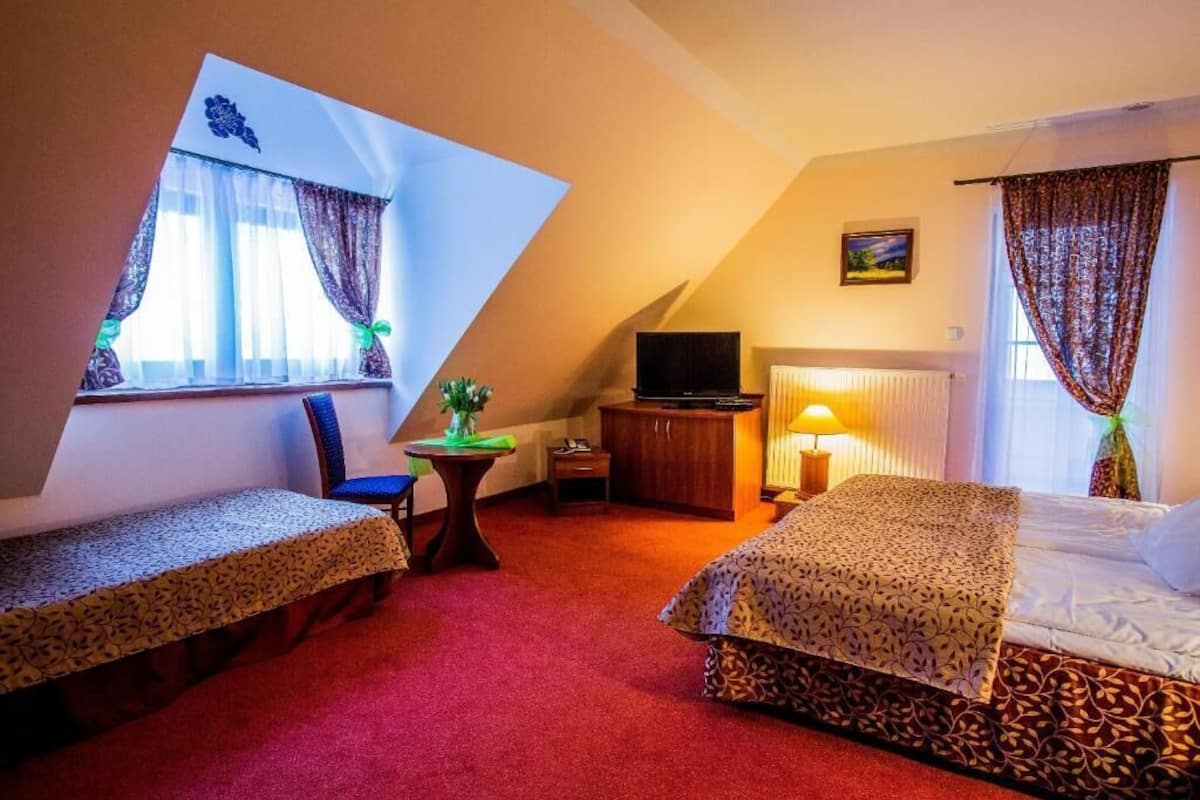 A hotel room with a bed, a desk, a chair, a television, and a window with curtains.