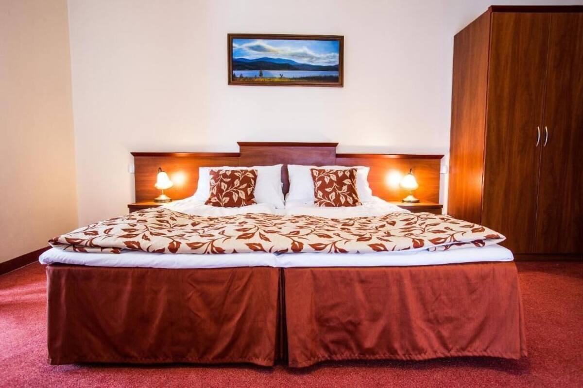 A double bed with a brown and white patterned bedspread, two bedside lamps, a wooden headboard, and a framed landscape painting on the wall.