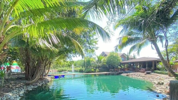 Une piscine aux eaux cristallines, entourée de palmiers, et un petit bateau à proximité.