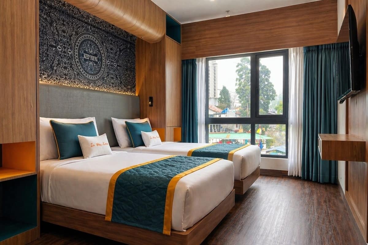 Een hotelkamer met twee bedden, een groot raam met gordijnen, een houten vloer en een wandtapijt.