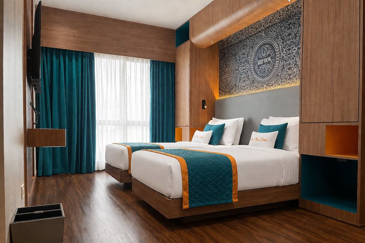 Een tweepersoonsbed met een gewatteerde spreidek, twee kussens, een nachtkastje, een aan de muur bevestigde televisie en een geborduurd wandkleed.