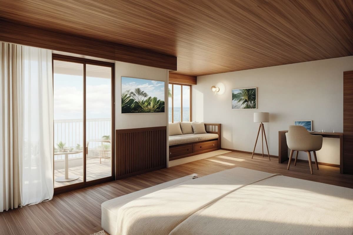Een moderne slaapkamer met balkon, een bank, een bureau en een stoel.