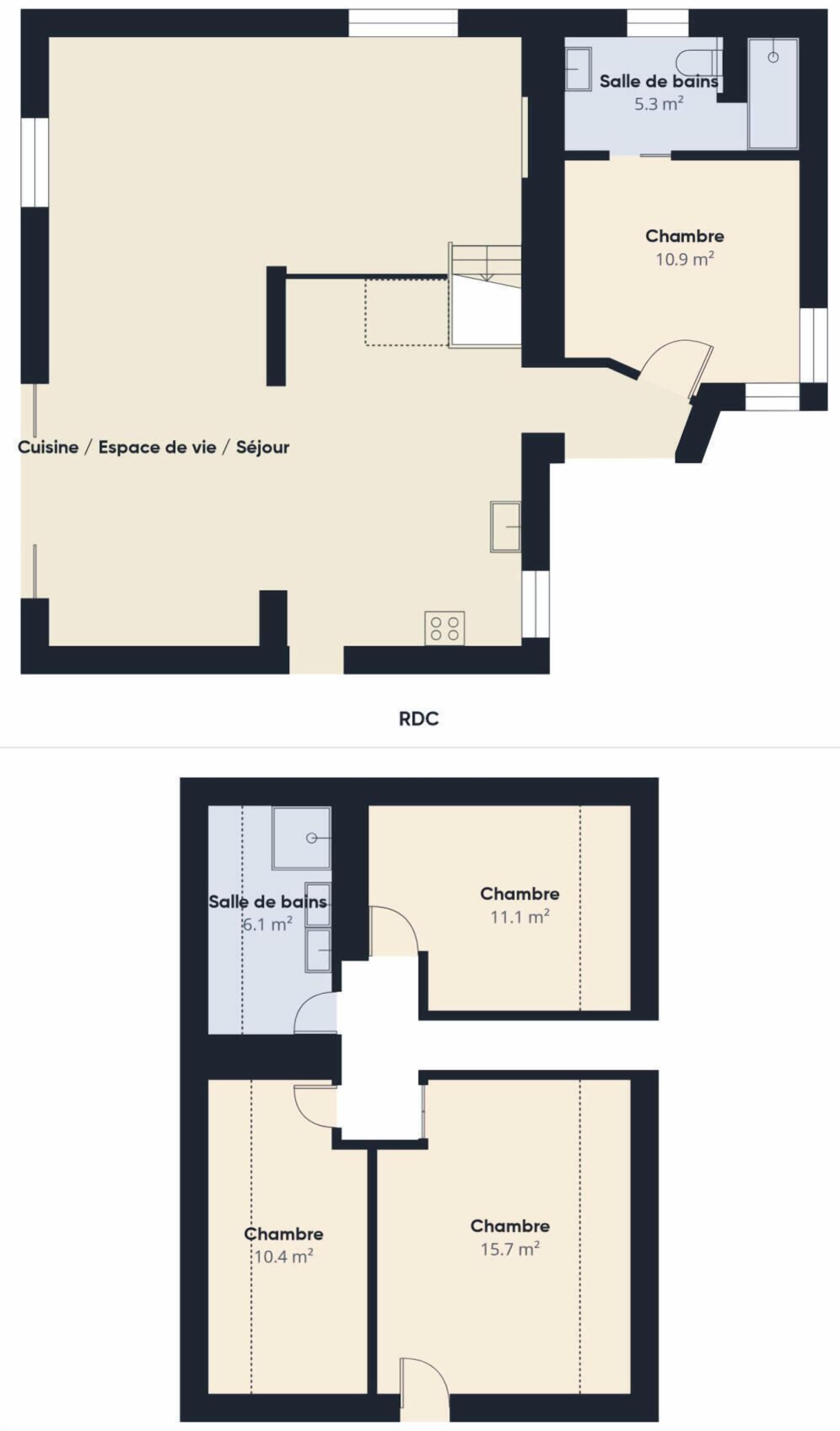 A floor plan with a kitchen, living area, bathroom, and two bedrooms.