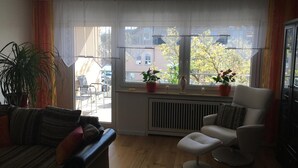 A living room with a sofa, armchair, and ottoman, a radiator, and two windows with potted plants. - City Apartment in Müllheim (Müllheim im Markgräflerland)