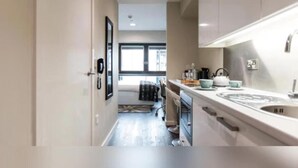 Een moderne keuken met een spoelbak, aanrecht en raam.