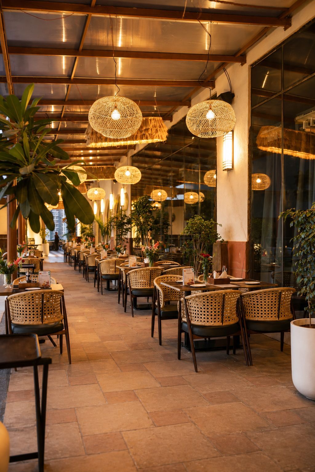 Un comedor interior con sillas y mesas de mimbre, lámparas colgantes de mimbre y plantas en macetas.