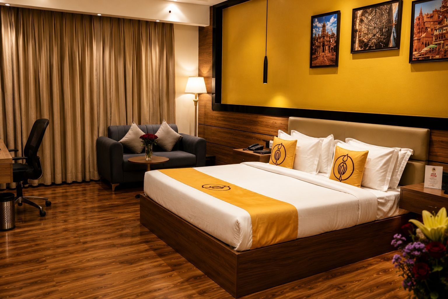 A hotel room with a large bed, a desk, a chair, and a lamp.