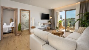A modern living room with a sofa, a TV, a balcony with plants, and a wooden floor.