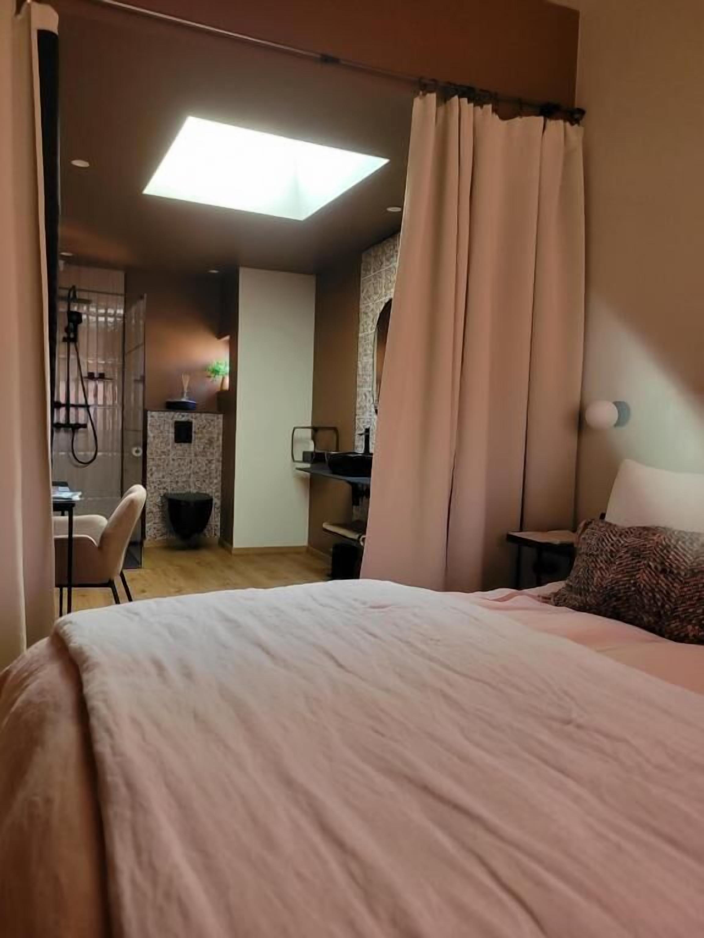 A hotel room with a bed, a desk, a chair, a shower, and a skylight.