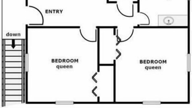 A floor plan with a screen porch, living room with a queen sleeper sofa, dining area, kitchen, entry, and two bedrooms labeled queen. - Register - A cozy 2-Bedroom Duplex with Soundfront Views for 6 Guests (Surf City)