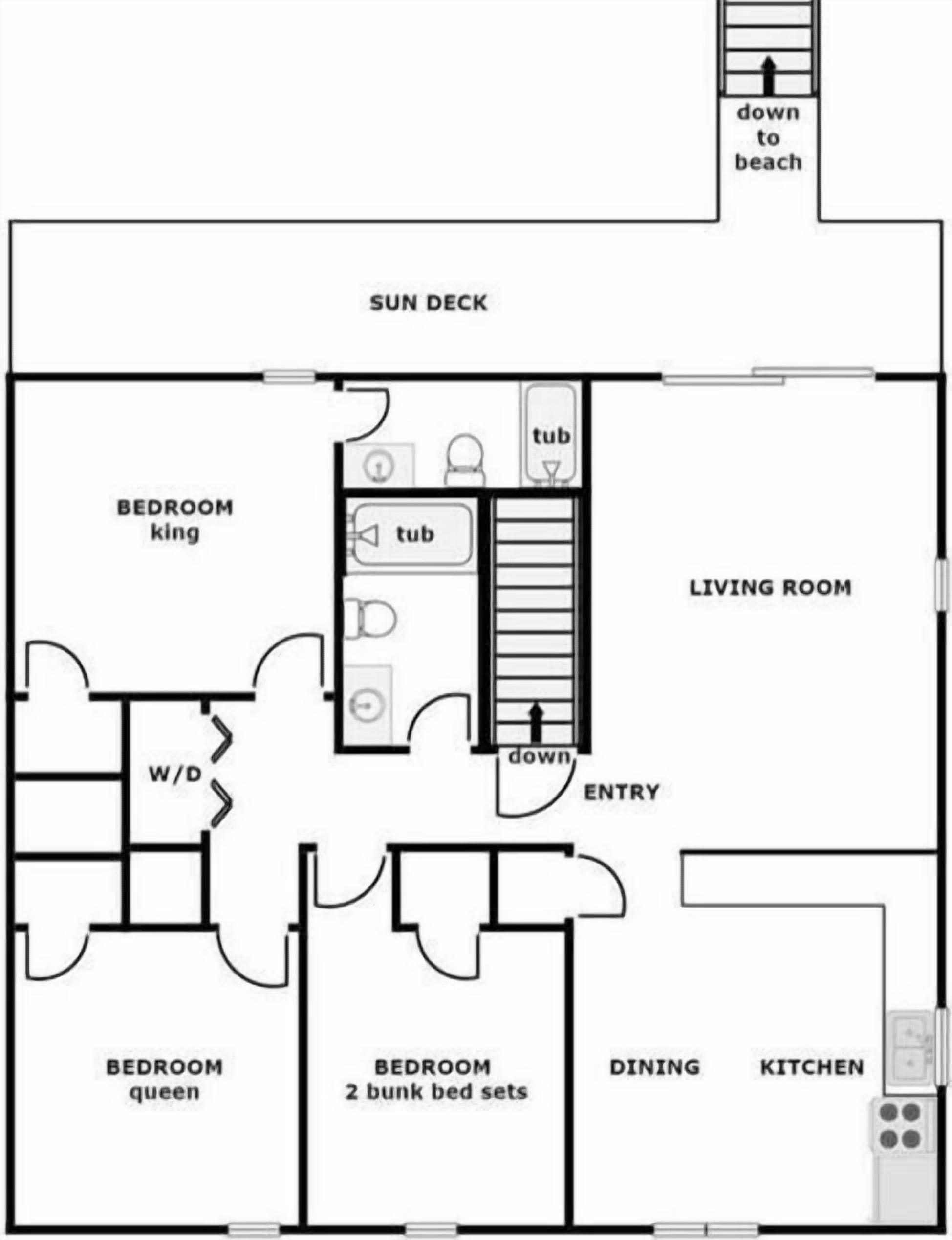 A floor plan with a sun deck, king and queen bedrooms, a living room, dining and kitchen areas, and two bunk beds.