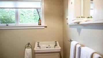 Hair dryer, towels, soap, shampoo