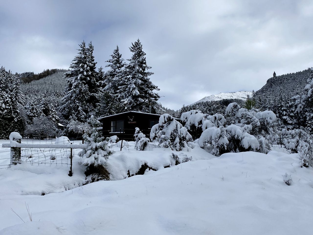 Un paysage enneigé avec un bâtiment qui ressemble à un chalet ou à une cabane, entouré d’arbres et d’une clôture.