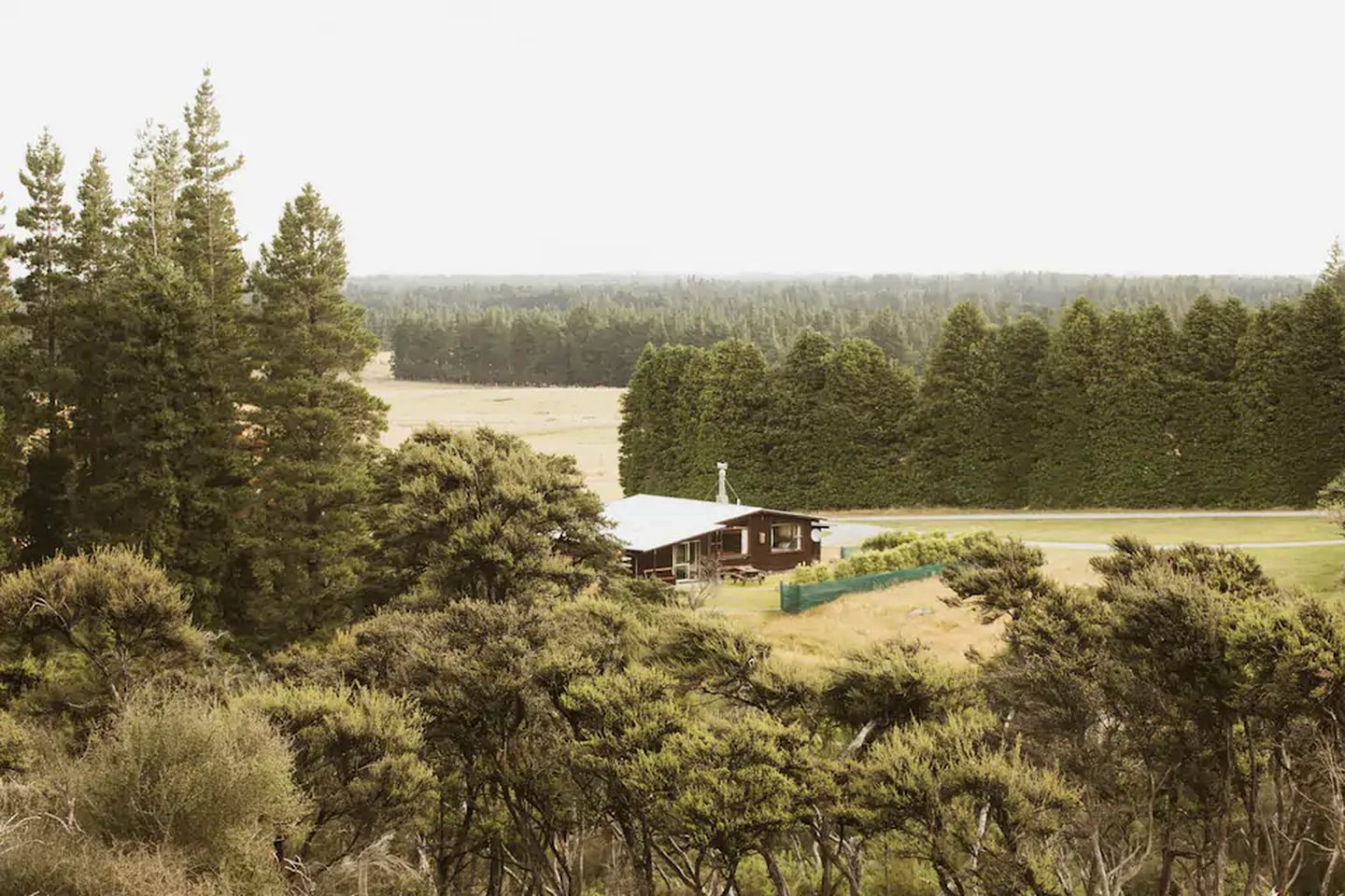 A rustic cabin with a sloped roof, surrounded by dense forest and a clear field.