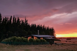 A house with a sloped roof, surrounded by dense forest, during sunset.