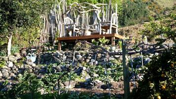 A garden with a stone wall, wooden structures, and various plants.