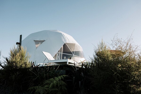 A geodesic dome structure with a table and chairs in front, surrounded by vegetation.