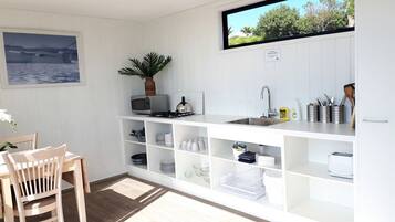 Fridge, microwave, stovetop, electric kettle
