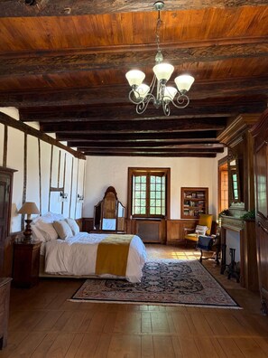 A traditional room with a bed, a chandelier, a window, a bookshelf, and a chair. - Chateau for rent (Aix)
