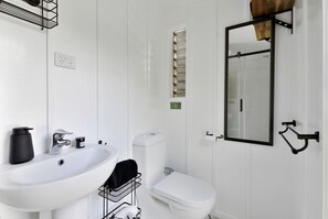 A bathroom with a white sink, toilet, and mirror.