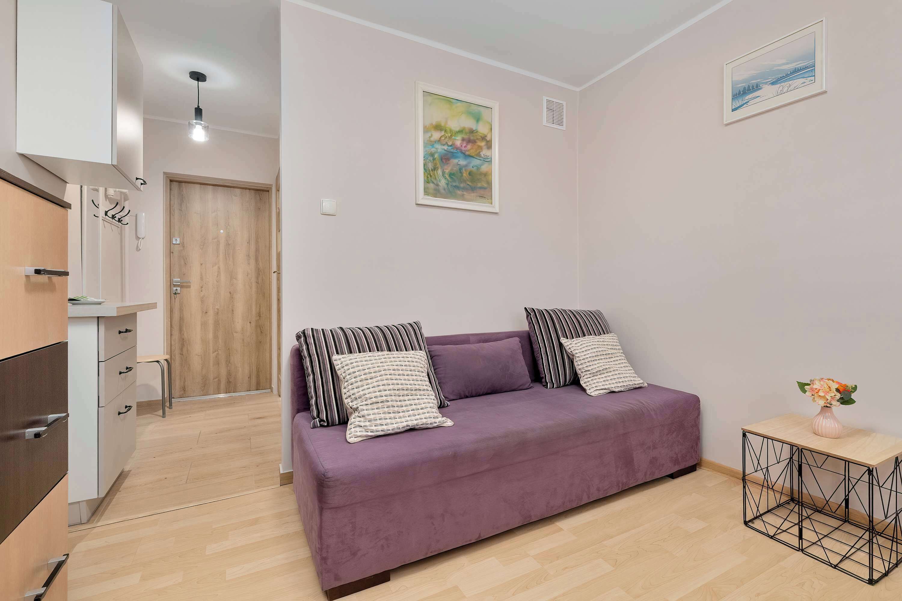 A living room with a purple sofa and minimal decor. The space is compact and cozy.