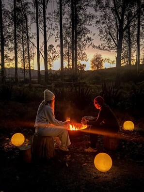 Zwei Personen sitzen an einem Lagerfeuer in einem bewaldeten Gebiet, mit Bäumen und blauem Himmel.