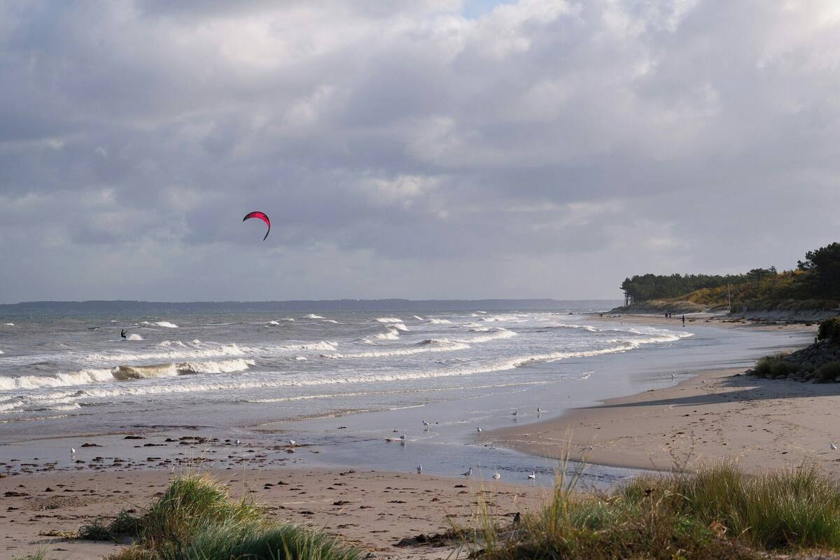 A beach with waves, a kite, and a distant shoreline.