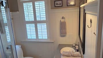 Shower, hair dryer, towels, soap